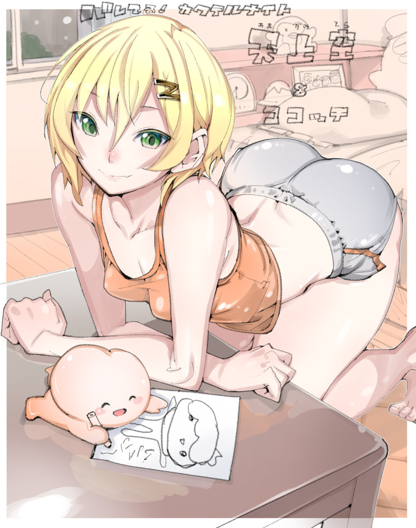 1girl barefoot baruteru!_cocktail_night bent_over blonde_hair copyright_request crop_top crossed_arms dolphin_shorts drawing fang green_eyes hair_between_eyes hair_ornament highres looking_at_viewer room short_hair short_shorts shorts skin_fang smile solo table teriyaki