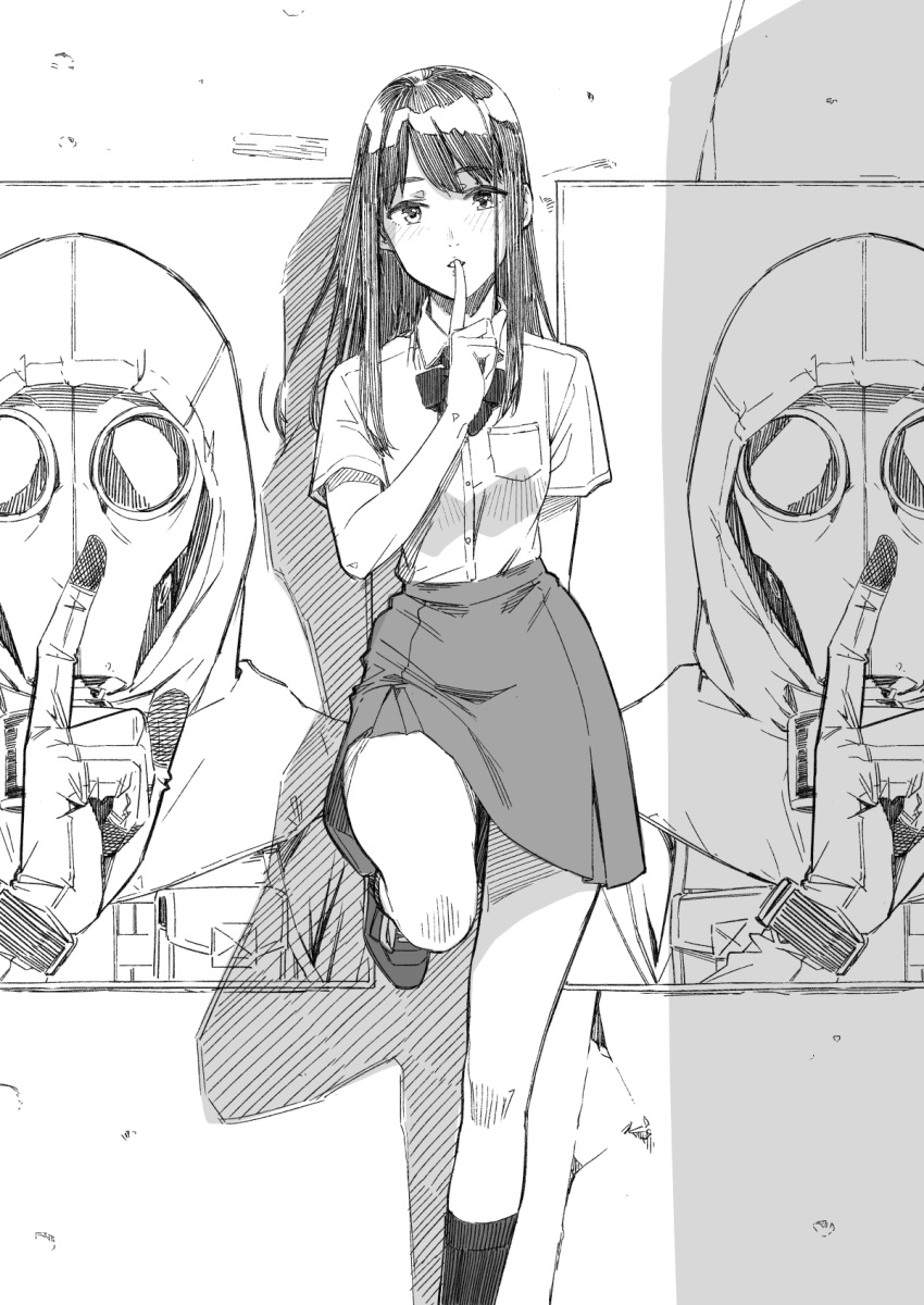 1girl 2others against_wall aihara_akito blush finger_to_mouth gas_mask head_tilt highres leg_up long_hair looking_at_viewer monochrome multiple_others natsuki_(new_normal) new_normal no_mask school_uniform skirt standing