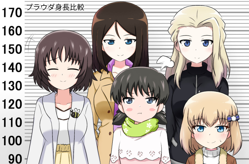 +++ 5girls :t =3 alina_(girls_und_panzer) armorganger arms_behind_back bangs bee black_hair black_shirt blonde_hair blue_eyes blush bob_cut brown_coat bug casual clara_(girls_und_panzer) closed_eyes closed_mouth coat collar eyebrows_visible_through_hair frown fume girls_und_panzer green_scarf hair_ribbon height_chart height_conscious high-waist_skirt highres insect katyusha_(girls_und_panzer) long_hair looking_at_viewer low_twintails multiple_girls nina_(girls_und_panzer) nonna_(girls_und_panzer) purple_shirt ribbon scarf shirt short_hair skirt smile standing sweatdrop sweater translated turtleneck twintails white_collar white_shirt white_sweater yellow_skirt