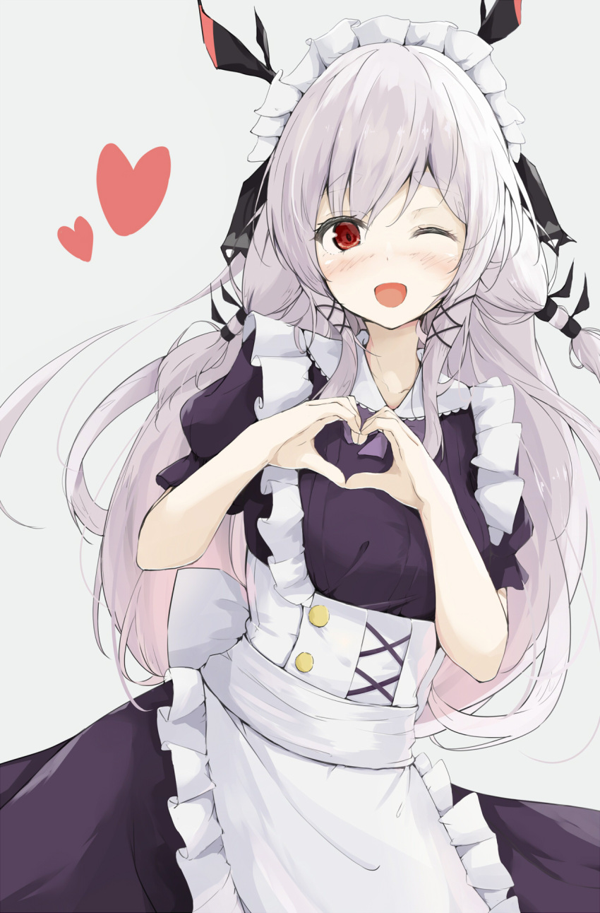 1girl alternate_costume arknights bangs black_dress black_ribbon blush breasts closed_mouth commentary_request dress enmaided eyebrows_visible_through_hair hair_ornament hairband hands_up heart heart_hands highres kusunoki_(gwzx5574) long_hair maid maid_headdress one_eye_closed open_mouth partial_commentary red_eyes ribbon sidelocks silver_hair simple_background small_breasts solo upper_body weedy_(arknights) white_background