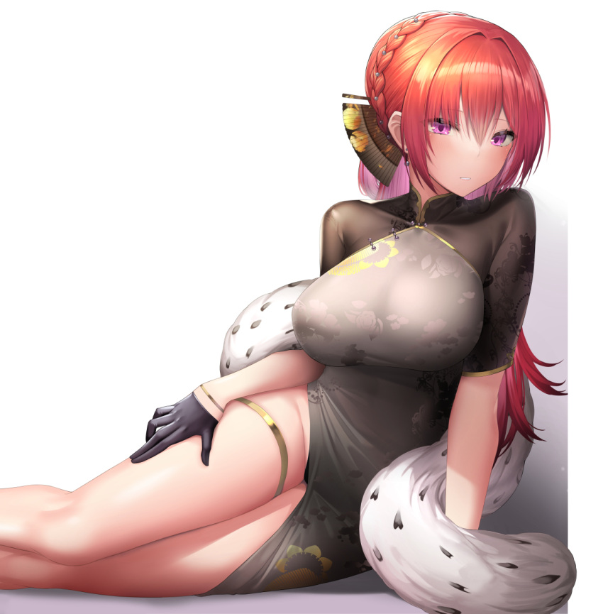 1girl azur_lane braid breasts china_dress chinese_clothes crown_braid dress earrings feather_boa feet_out_of_frame gloves gold_trim hair_between_eyes hair_fan hair_ornament half_gloves highres impossible_clothes impossible_dress jewelry large_breasts light_blush long_hair looking_at_viewer mizuya_nao monarch_(azur_lane) monarch_(black_qipao)_(azur_lane) official_alternate_costume redhead short_sleeves side_slit simple_background solo violet_eyes white_background