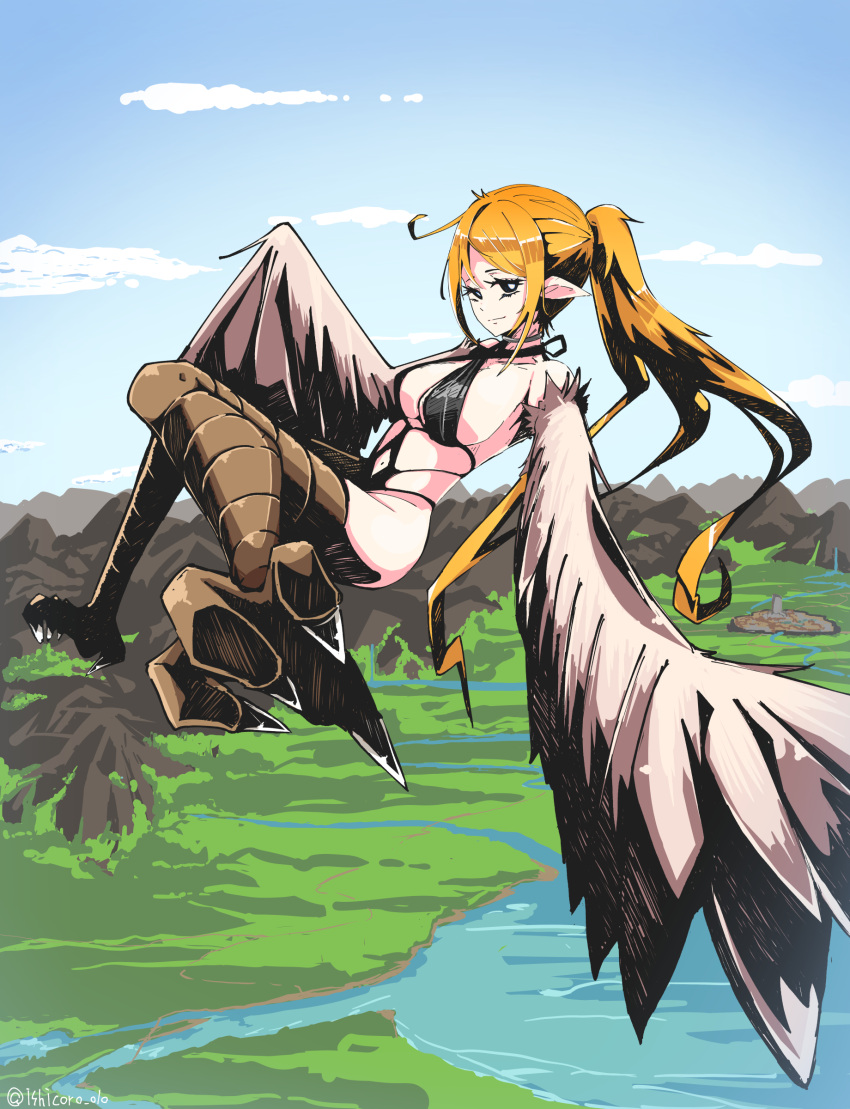 1girl absurdres ahoge animal_feet bikini bird_legs black_bikini black_eyes blonde_hair brown_feathers brown_wings choker clothing_cutout commentary_request feathered_wings feathers flying harpy highres ishicorone long_hair monster_girl mountainous_horizon navel navel_cutout original pointy_ears ponytail sidelocks sky solo swimsuit very_long_hair winged_arms wings