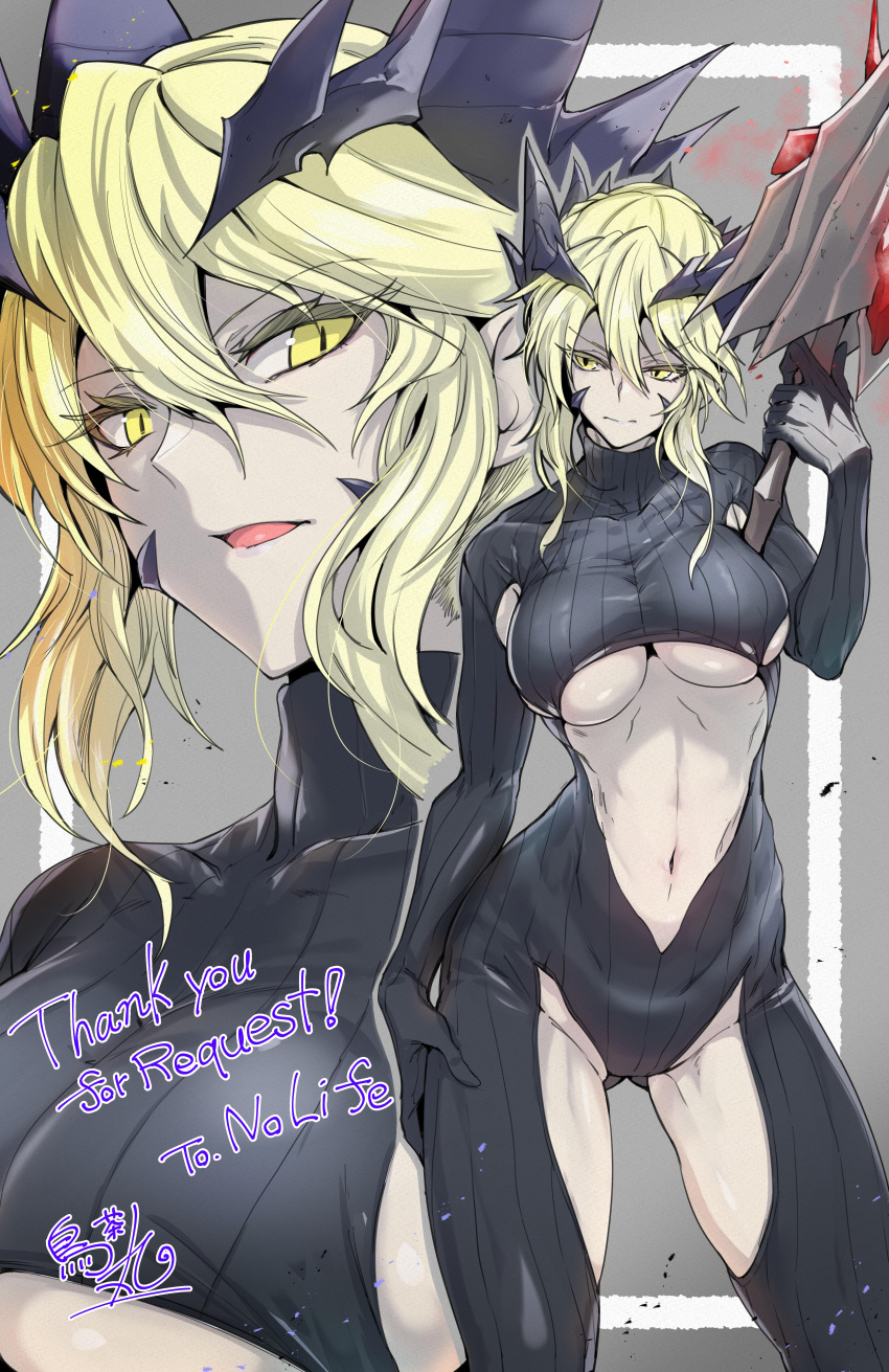 1girl absurdres artoria_pendragon_(all) artoria_pendragon_(lancer_alter)_(fate) bangs blonde_hair breasts center_opening dark_persona dark_rhongomyniad fate/grand_order fate_(series) hair_between_eyes hand_on_own_thigh highres holding holding_weapon horns large_breasts revealing_clothes rhongomyniad_(fate) sidelocks torichamaru under_boob weapon yellow_eyes
