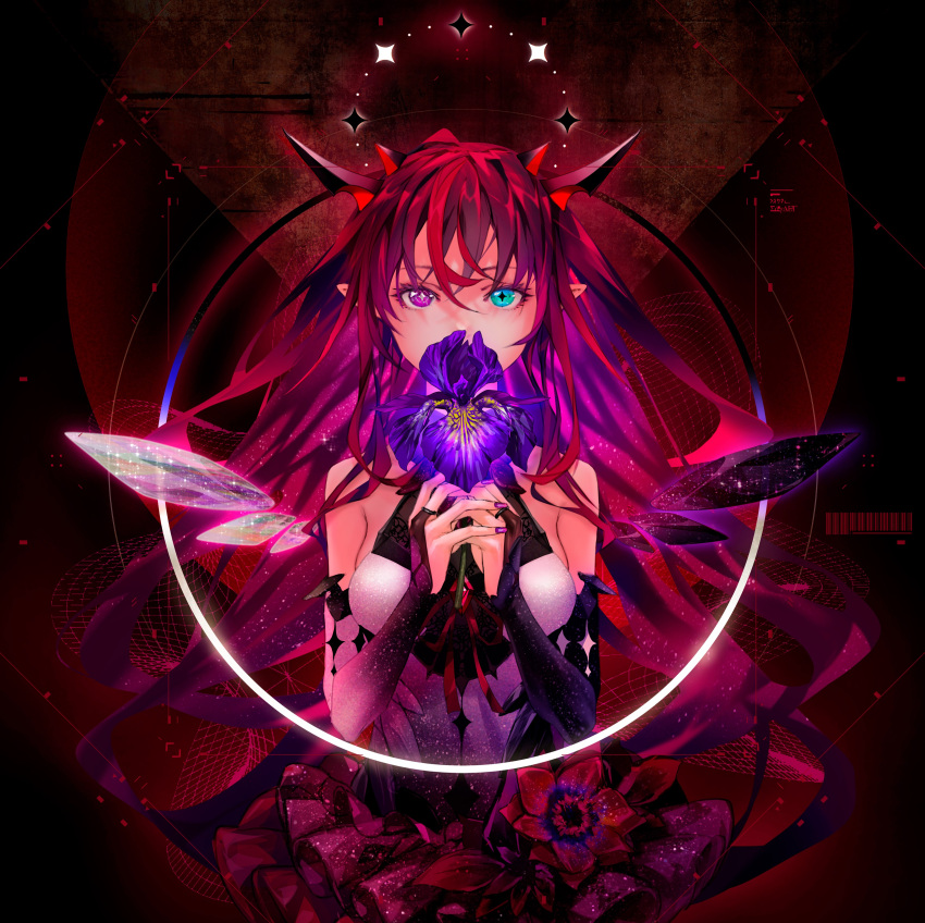 1girl absurdres album_cover bangs blue_eyes cover detached_sleeves detached_wings eyebrows_behind_hair flower halo halter_top halterneck heterochromia highres holding holding_flower hololive hololive_english irys_(hololive) official_art pink_skirt pointy_ears purple_flower purple_hair redjuice skirt solo upper_body violet_eyes virtual_youtuber wings