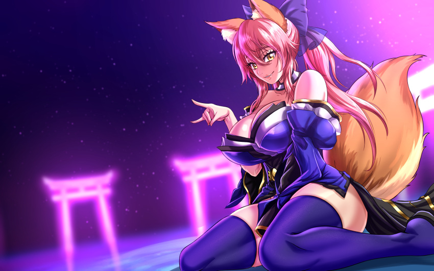 1girl absurdres animal_ear_fluff animal_ears blue_kimono blue_legwear breasts commission detached_sleeves fate/grand_order fate_(series) fox_ears fox_girl fox_shadow_puppet fox_tail highres huge_breasts japanese_clothes kimono long_hair pink_hair short_kimono sidelocks sitting smile solo tail tamamo_(fate)_(all) tamamo_no_mae_(fate) thigh-highs twintails wariza yellow_eyes zantyarz