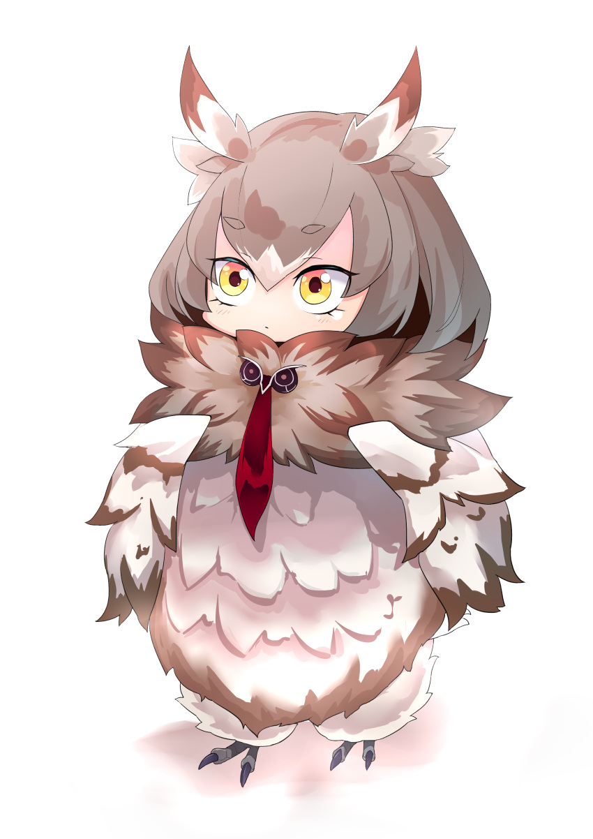 1girl absurdres bangs blush brown_eyes brown_hair chibi commentary_request eyebrows_visible_through_hair feathered_wings feathers fluffy harpy highres monster_girl monster_girl_encyclopedia necktie owl_girl owl_mage_(monster_girl_encyclopedia) simple_background solo talons white_background winged_arms wings yellow_eyes yositsune