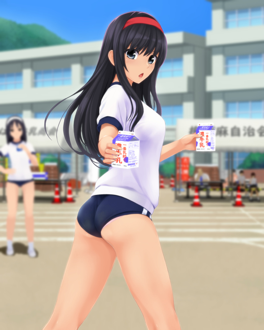 1boy 2girls 3others ass black_hair blue_buruma blue_eyes breasts building buruma from_behind gym_uniform hairband hand_on_hip highres legs long_hair looking_back milk milk_carton multiple_girls multiple_others nonaka_ritsu open_mouth original outdoors panties panties_under_buruma panty_peek pink_panties running_track school shirt short_sleeves sports_festival thighs underwear white_shirt