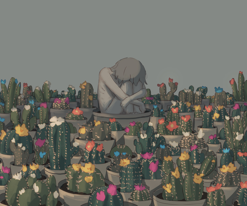 1boy absurdres avogado6 cactus commentary_request completely_nude covered_face curled_up flower grey_background grey_hair highres male_focus nude original plant potted_plant simple_background sitting solo