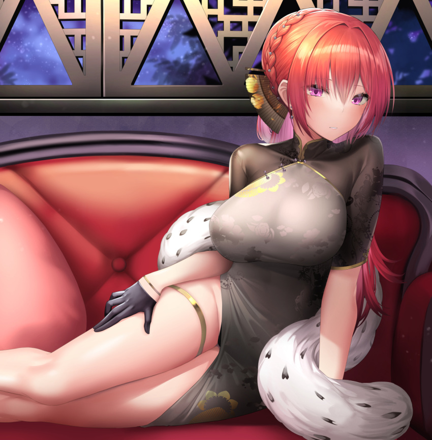 1girl azur_lane braid breasts china_dress chinese_clothes couch crown_braid dress earrings feather_boa feet_out_of_frame floral_print gloves gold_trim hair_between_eyes hair_fan hair_ornament half_gloves highres impossible_clothes impossible_dress indoors jewelry large_breasts light_blush long_hair looking_at_viewer mizuya_nao monarch_(azur_lane) monarch_(black_qipao)_(azur_lane) night official_alternate_costume on_couch redhead short_sleeves side_slit solo violet_eyes
