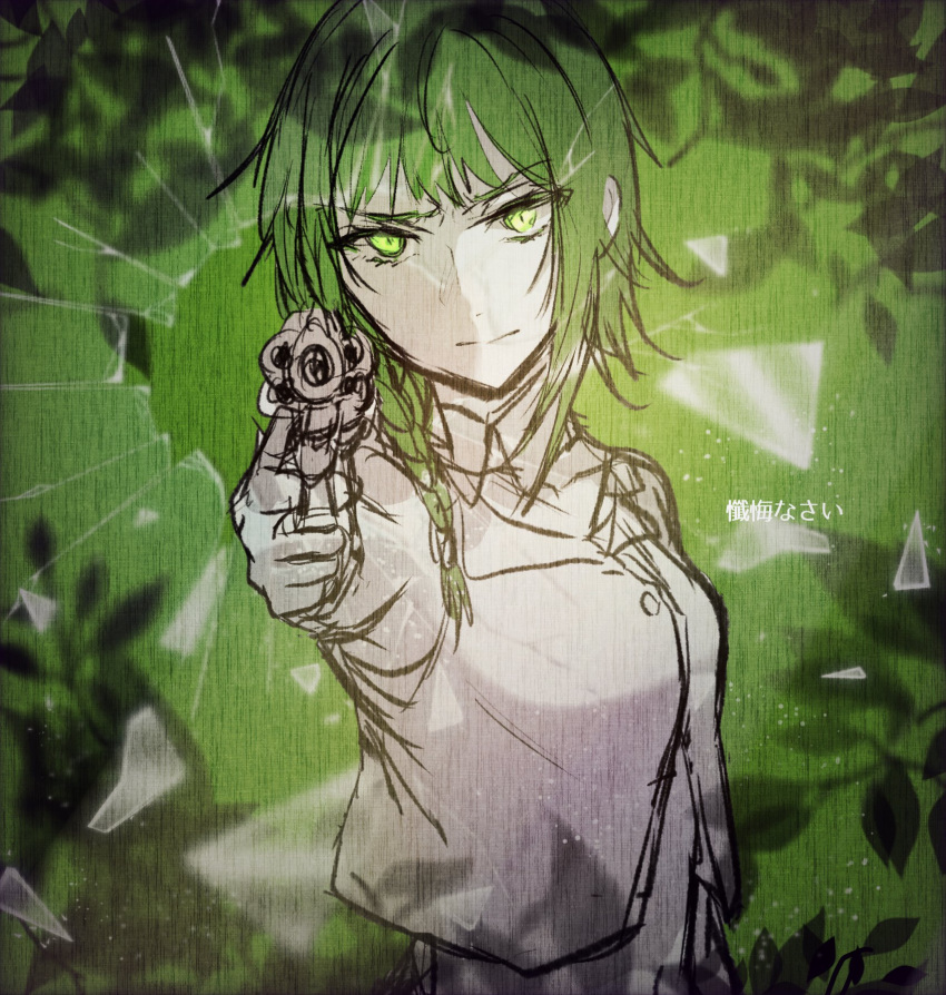 1girl aiming_at_viewer bare_arms bare_shoulders braid bullet_hole closed_mouth detached_collar evillious_nendaiki fourth_wall frown glowing glowing_eyes green_background green_eyes green_hair gumi gun highres leaf limited_palette looking_at_viewer midriff nemesis_no_juukou_(vocaloid) nemesis_sudou pointing pointing_at_viewer pointing_weapon revolver shards shattering short_hair_with_long_locks side_braid sidelocks silhouette sketch sleeveless sleeveless_jacket solo v-shaped_eyebrows vocaloid warabi_(danngo-mitarasi) weapon