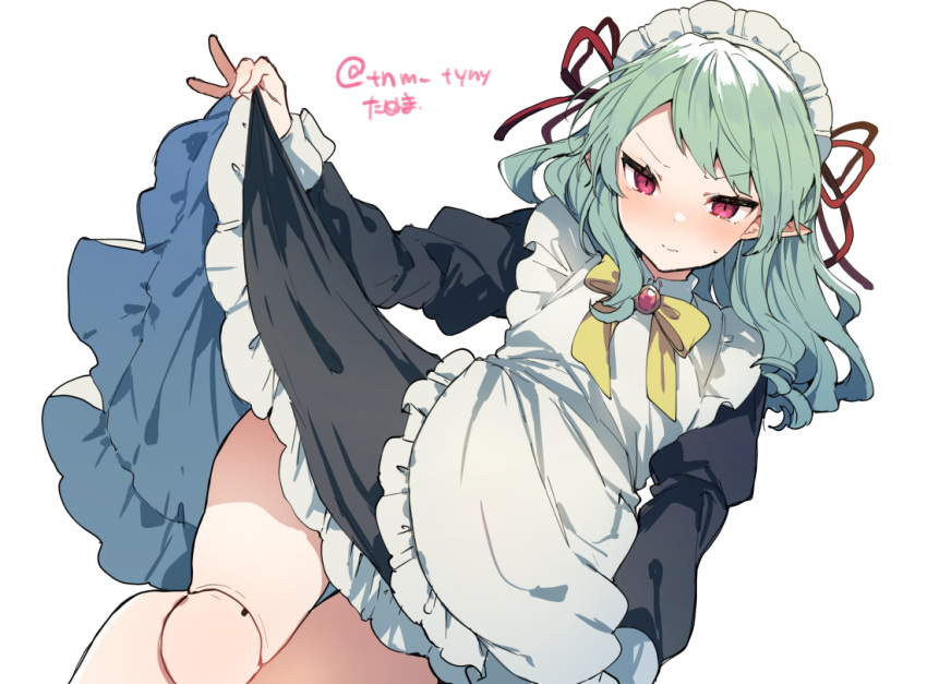 1girl apron aqua_hair bangs black_dress blush bow bowtie closed_mouth doll_joints dress eyebrows_visible_through_hair hair_ribbon ikeuchi_tanuma joints long_hair long_sleeves maid maid_headdress original pointy_ears red_eyes ribbon simple_background skirt_hold solo sweat twitter_username white_apron white_background yellow_neckwear