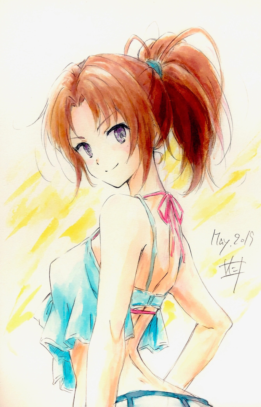 1girl back bare_shoulders bikini blue_camisole blush brown_hair camisole closed_mouth color_ink_(medium) dated hand_on_hip hibike!_euphonium highres long_hair looking_at_viewer looking_back nakagawa_natsuki nii_manabu ponytail signature smile solo standing swimsuit traditional_media violet_eyes