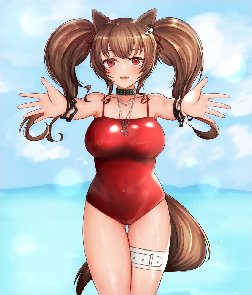 1girl :d angelina_(arknights) angelina_(summer_flowers)_(arknights) animal_ears arknights bangs bare_shoulders breasts brown_eyes brown_hair cowboy_shot day fox_ears hair_ribbon hands_up highres incoming_hug infection_monitor_(arknights) jewelry kyomu_(7641) large_breasts long_hair looking_at_viewer necklace one-piece_swimsuit open_mouth red_ribbon red_swimsuit ribbon smile solo spaghetti_strap standing swimsuit thigh_strap twintails
