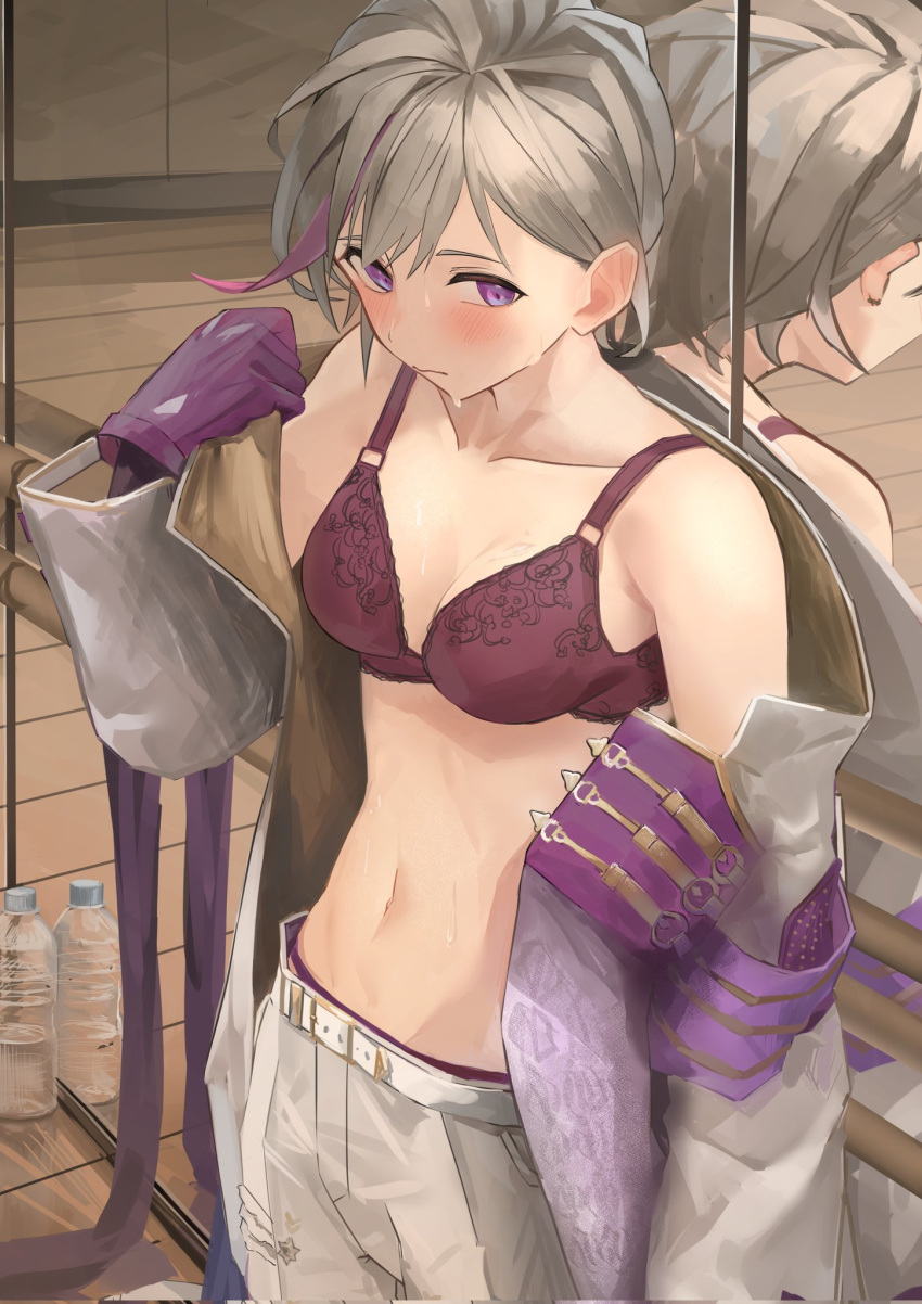 1girl blush bottle bra breasts closed_mouth collarbone contender_(girls_frontline) cowboy_shot girls_frontline gloves greyscale highres long_sleeves medium_breasts mirror monochrome multicolored_hair navel open_clothes pants purple_gloves purple_hair ra_9rara reflection solo streaked_hair sweat underwear violet_eyes white_pants