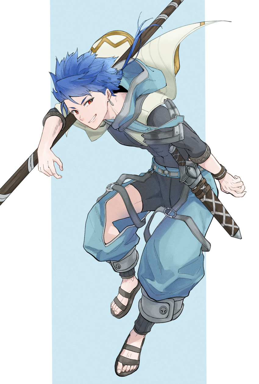 1boy asymmetrical_bangs asymmetrical_clothes bangs belt blue_hair bodysuit bodysuit_under_clothes braid braided_ponytail capelet cu_chulainn_(fate)_(all) dagger earrings fate/grand_order fate/grand_order_arcade fate_(series) floating_hair grin highres hood hood_down jewelry knife long_hair looking_at_viewer male_focus muscular muscular_male ponytail puffy_pants red_eyes sandals scabbard setanta_(fate) sheath simple_background skin_tight smile solo spiky_hair staff takahasu_kaoru weapon