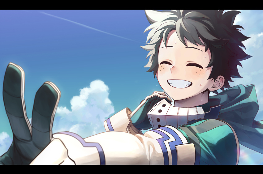1boy blue_sky boku_no_hero_academia closed_eyes clouds commentary_request condensation_trail elbow_gloves freckles freestyle18 gloves green_hair grin happy hood hood_down letterboxed male_focus mask mask_around_neck mask_removed midoriya_izuku outstretched_arm short_hair sky smile solo sweat teeth v white_gloves
