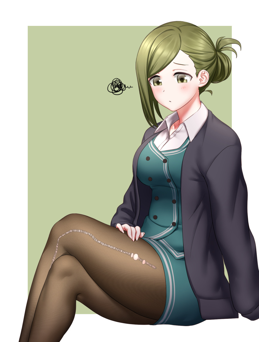 1girl asymmetrical_bangs bangs black_cardigan black_legwear border breasts cardigan collarbone crossed_legs feet_out_of_frame folded_ponytail green_background greenteamousou hand_on_own_thigh highres idolmaster idolmaster_shiny_colors large_breasts looking_down nanakusa_hazuki office_lady open_collar outside_border pantyhose simple_background solo squiggle thighs torn_clothes torn_legwear white_border
