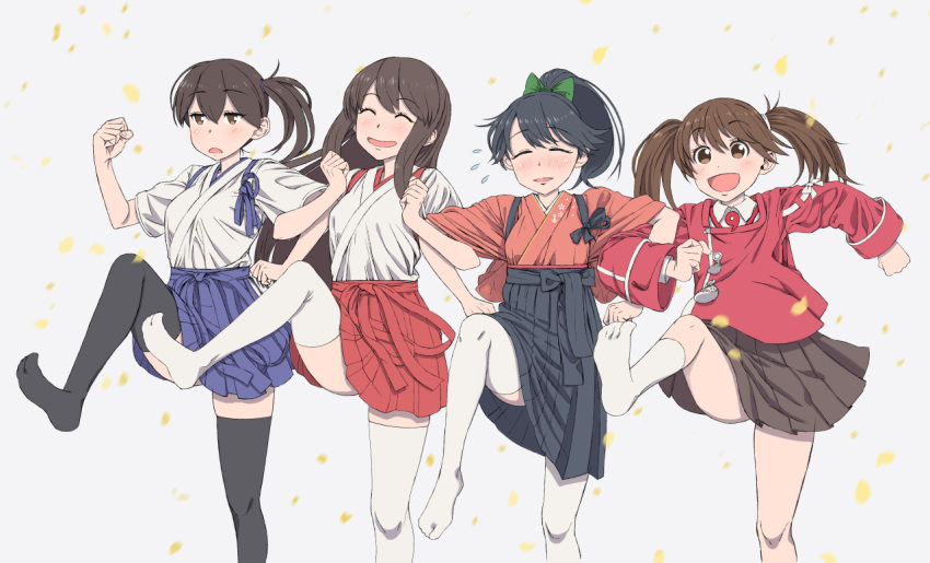 4girls akagi_(kancolle) black_hair brown_hair closed_eyes grey_background hair_ribbon hakama_skirt houshou_(kancolle) japanese_clothes kaga_(kancolle) kantai_collection locked_arms long_hair multiple_girls ponytail ribbon ryuujou_(kancolle) side_ponytail smile socks thigh-highs twintails yuichi_(sp_sakura_yoshi)