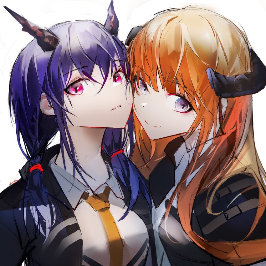 2girls absurdres arknights bagpipe_(arknights) black_jacket blue_hair ch'en_(arknights) cheek-to-cheek commentary dragon_horns hair_between_eyes highres horns jacket juste1ce long_hair multiple_girls necktie open_clothes open_jacket orange_hair parted_lips pink_eyes shirt simple_background sketch smile twintails violet_eyes white_background white_shirt yellow_neckwear
