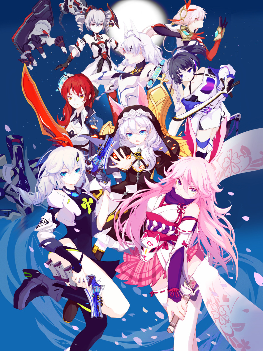 6+girls absurdres alternate_color animal_ears antenna_hair asymmetrical_gloves asymmetrical_legwear bangs bare_shoulders black_gloves blue_eyes blue_jacket braid braided_ponytail bronya_zaychik bronya_zaychik_(drive_kometa) chinese_commentary cross_(weapon) drill_hair dual_wielding elbow_gloves fox_ears fox_mask fu_hua fu_hua_(phoenix) full_moon gloves grey_eyes grey_hair gun hair_between_eyes hair_ornament hairpin handgun highres holding holding_gun holding_sword holding_weapon honkai_(series) honkai_impact_3rd jacket kallen_kaslana kallen_kaslana_(ritual_imayoh) katana kiana_kaslana kiana_kaslana_(knight_moonbeam) long_hair long_sleeves looking_at_viewer looking_to_the_side mask mismatched_gloves moon multicolored_hair multiple_girls murata_himeko murata_himeko_(arctic_kriegsmesser) night night_sky nun petals pink_skirt ponytail project_bunny purple_hair raiden_mei raiden_mei_(striker_fulminata) red_gloves redhead revolver shirt side_ponytail skirt sky streaked_hair sword theresa_apocalypse theresa_apocalypse_(valkyrie_pledge) thigh-highs twin_braids twin_drills uneven_legwear violet_eyes weapon white_hair white_jacket white_legwear white_shirt yae_sakura yae_sakura_(gyakushinn_miko) yellow_eyes ziziyi