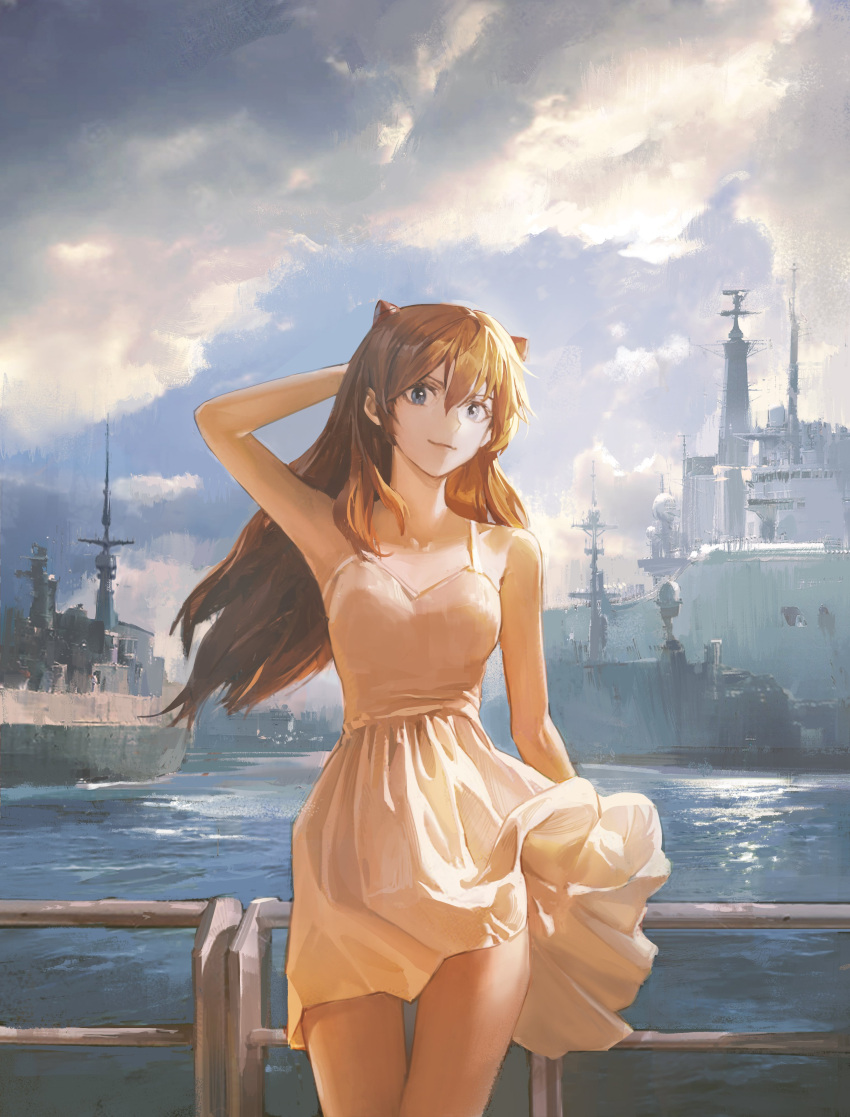 1girl absurdres arm_behind_head arm_support bare_shoulders blue_eyes blue_sky boat breasts closed_mouth clothes_lift clouds cloudy_sky collarbone day dress dress_lift eeeeeeeeinsang hair_behind_ear hair_between_eyes hairpods highres leaning_back long_hair looking_at_viewer military military_vehicle neon_genesis_evangelion ocean orange_hair outdoors railing ship sky solo souryuu_asuka_langley thigh_gap thighs water watercraft wind wind_lift yellow_dress