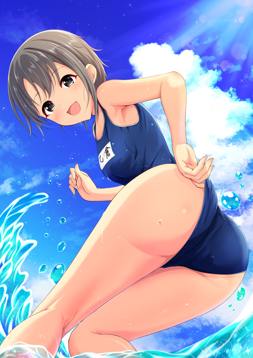 1girl :d absurdres armpits ass bangs black_eyes black_hair blue_sky blush clouds cowboy_shot day from_behind from_below highres idolmaster idolmaster_cinderella_girls kneepits looking_at_viewer looking_back nagmilk ocean open_mouth otokura_yuuki outdoors school_swimsuit short_hair sky smile solo splashing sunlight swimsuit wading