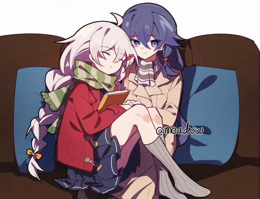 2girls antenna_hair bandages bangs black_hair blue_eyes blue_skirt book brown_coat closed_eyes closed_mouth coat couch fu_hua full_body grey_legwear hair_between_eyes hair_ornament honkai_(series) honkai_impact_3rd jacket kiana_kaslana long_hair long_sleeves looking_at_viewer meadow_(morphinecaca) multiple_girls pillow red_jacket scarf simple_background sitting skirt sleeping smile white_background