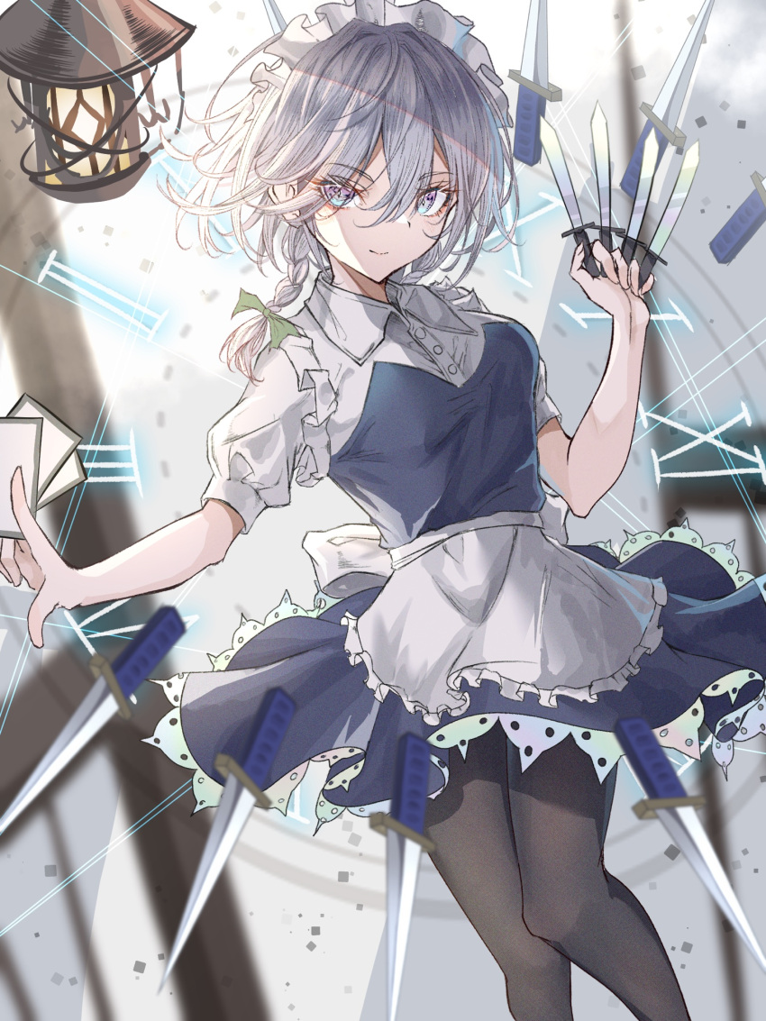 1girl apron arm_up bangs black_legwear blue_dress blue_eyes bow braid breasts buttons card clock closed_mouth collar dress eyebrows_visible_through_hair frills green_bow grey_background hair_between_eyes hair_bow hands_up hegata_(hegatia_lapis) highres izayoi_sakuya knife looking_at_viewer maid maid_apron maid_headdress medium_breasts pantyhose puffy_short_sleeves puffy_sleeves short_hair short_sleeves silver_hair smile solo touhou twin_braids white_apron white_background white_bow white_collar white_sleeves