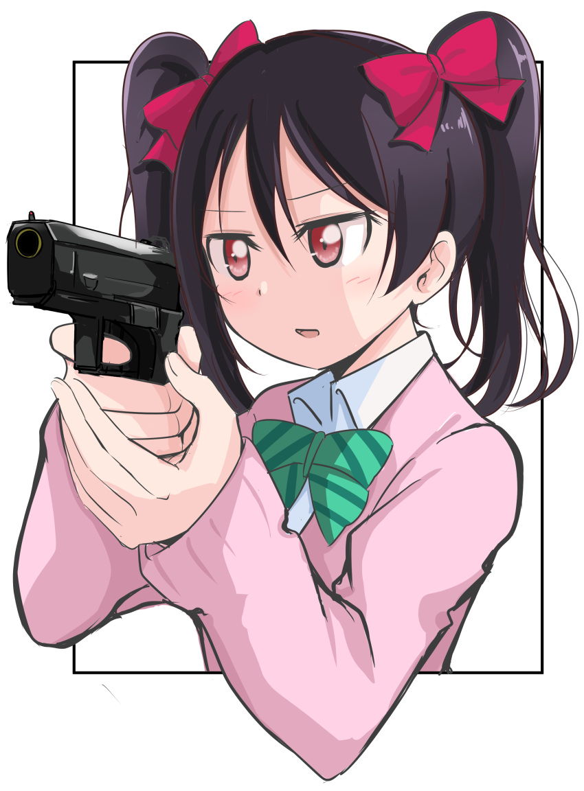 1girl absurdres aiming black_hair bow bowtie gun hair_bow handgun highres holding holding_gun holding_weapon love_live! love_live!_school_idol_project outside_border pistol red_eyes school_uniform simple_background solo sweater twintails upper_body weapon wewe white_background yazawa_nico