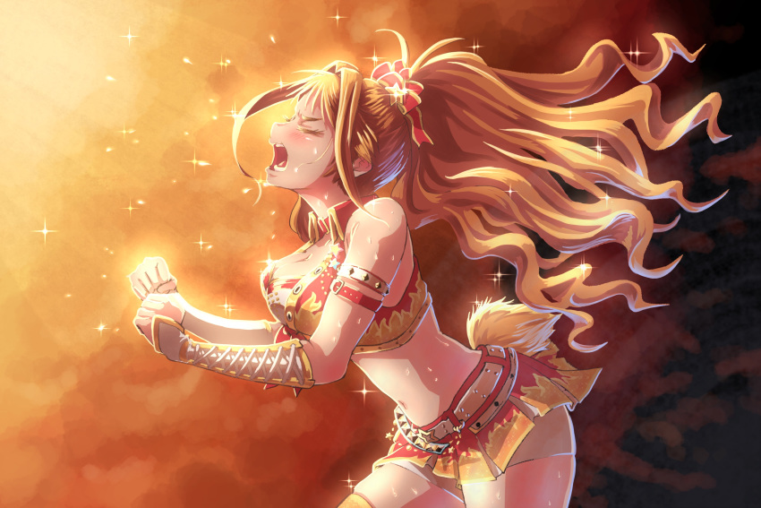 1girl bow brown_hair clenched_hands flying_sweatdrops hair_bow highres hino_akane_(idolmaster) idolmaster idolmaster_cinderella_girls idolmaster_cinderella_girls_starlight_stage leaning_forward long_hair midriff omichi_(gutteli) open_mouth outstretched_arms ponytail shiny shiny_hair sparkle sparkle_background sweat tail thighs