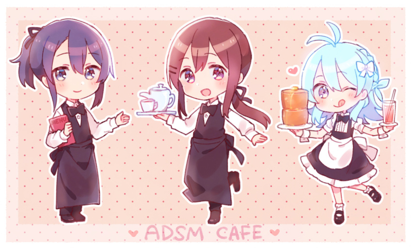 3girls :d ;q absurdres adachi_sakura adachi_to_shimamura alternate_costume antenna_hair apron black_apron black_dress black_footwear black_neckwear black_pants black_ribbon blue_hair blush bobby_socks bow bowtie braid brown_background brown_hair character_request closed_mouth collared_shirt cup dress drinking_glass drinking_straw food frilled_dress frills hair_bow hair_ribbon heart highres holding holding_tray long_sleeves looking_at_viewer low_ponytail menu multiple_girls one_eye_closed open_mouth pants polka_dot polka_dot_background ponytail puffy_short_sleeves puffy_sleeves purple_hair ribbon shimamura_hougetsu shirt shoes short_sleeves sleeveless sleeveless_dress smile socks sorimachi-doufu standing standing_on_one_leg teacup teapot tongue tongue_out tray violet_eyes waist_apron white_apron white_bow white_legwear white_shirt