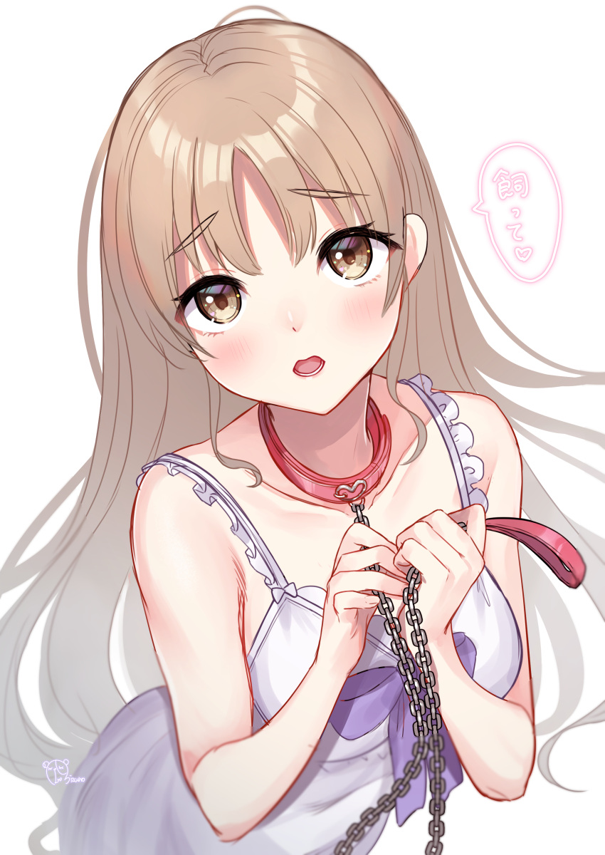 1girl absurdres bangs blush bow brown_eyes brown_hair chain collar collarbone dress highres holding holding_leash leash long_hair looking_at_viewer mizuiro_32 nijisanji open_mouth purple_bow red_collar signature simple_background sister_cleaire sleeveless solo very_long_hair virtual_youtuber white_background white_dress