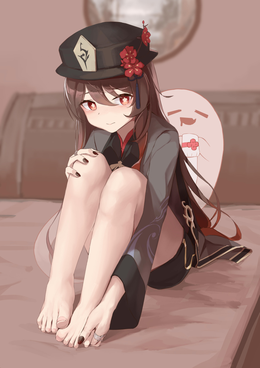 1girl absurdres barefoot bed_sheet black_headwear black_nails black_shorts blush brown_hair closed_eyes flower full_body genshin_impact ghost highres hu_tao_(genshin_impact) jewelry long_hair long_sleeves nail_polish on_bed open_mouth painnico plum_blossoms ring shorts smile toenails toes
