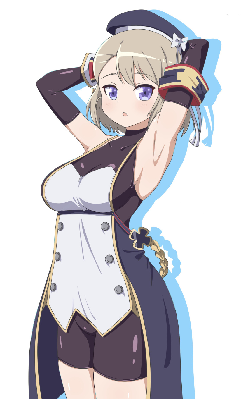 1girl :o absurdres armband armpits arms_behind_head arms_up azur_lane bangs bare_shoulders beret black_gloves blue_eyes blush bodystocking bow breasts brown_hair buttons colored_shadow commentary_request covered_collarbone cowboy_shot double-breasted drop_shadow elbow_gloves eyebrows_visible_through_hair gloves gold_trim groin hair_between_eyes hair_bow hat highres iron_cross large_breasts looking_at_viewer partial_commentary ribbon shadow short_hair sidelocks simple_background skindentation sleeveless solo soracone standing striped striped_bow waist_cape white_background white_gloves white_ribbon z23_(azur_lane)