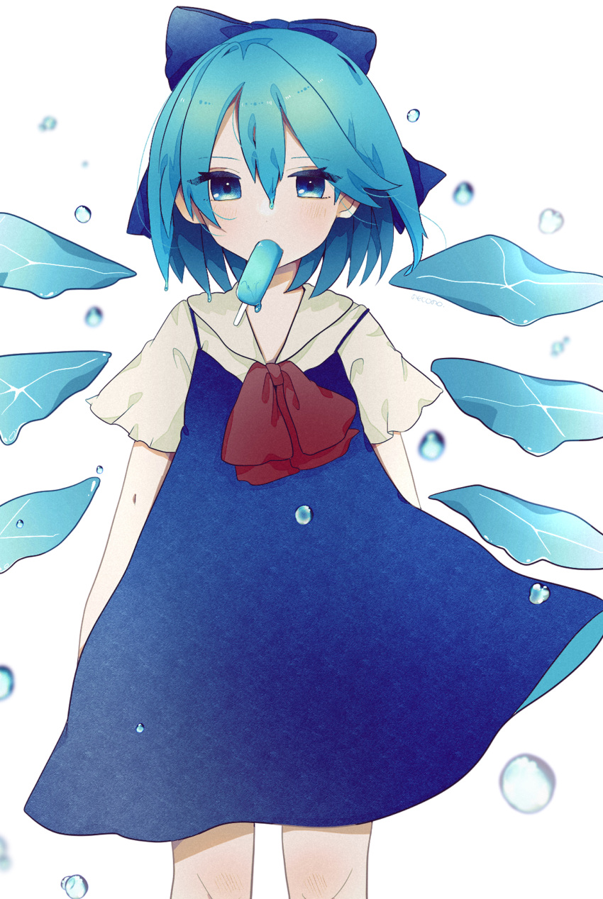 1girl artist_name blue_bow blue_dress blue_eyes blue_hair bow cirno commentary_request cowboy_shot detached_wings dress dripping food food_in_mouth hair_between_eyes hair_bow highres ice ice_wings looking_at_viewer medium_hair mouth_hold neck_ribbon necono_(nyu6poko) popsicle red_neckwear ribbon shirt short_sleeves simple_background solo touhou white_background white_shirt wings