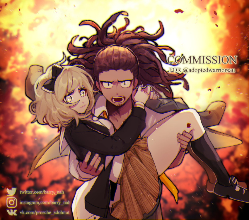 1boy 1girl artist_name barry_nah beard black_bow black_footwear black_jacket black_legwear blonde_hair bow brown_hair brown_jacket brown_skirt carrying closed_mouth commission dangan_ronpa_(series) dangan_ronpa_another_episode:_ultra_despair_girls explosion facial_hair from_side hagakure_yasuhiro hair_bow highres holding instagram_logo instagram_username jacket jacket_on_shoulders kneehighs long_hair looking_at_viewer medium_hair nakajima_kanon necktie official_alternate_costume open_mouth plaid plaid_skirt princess_carry school_uniform shirt skirt teeth twitter_logo twitter_username watermark web_address white_neckwear white_shirt