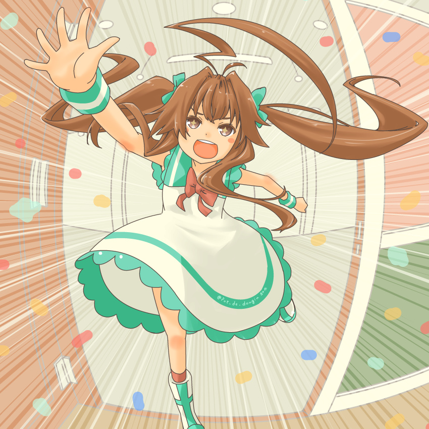 1girl absurdres ahoge alternate_hairstyle brown_hair dress highres kantai_collection kuma_(kancolle) long_hair open_mouth outstretched_hand pot-de signature smile speed_lines star-shaped_pupils star_(symbol) symbol-shaped_pupils twintails
