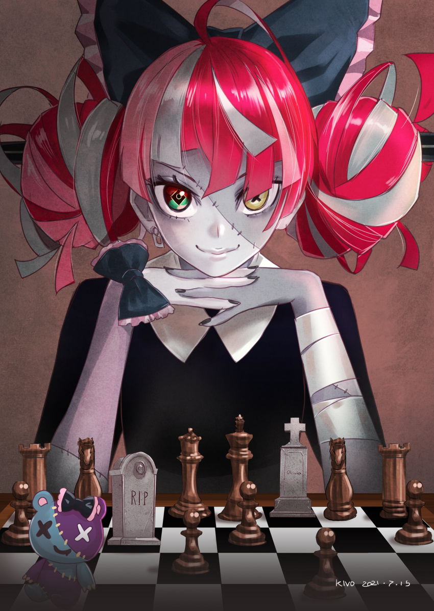 1girl absurdres ahoge black_bow bow chess_piece chessboard colored_skin cosplay dated double_bun elizabeth_harmon elizabeth_harmon_(cosplay) grey_hair grey_skin heterochromia highres hololive hololive_indonesia kivo kureiji_ollie multicolored_hair pink_hair red_eyes redhead smile solo stitched_face the_queen's_gambit tombstone udin_(kureiji_ollie) virtual_youtuber yellow_eyes zombie