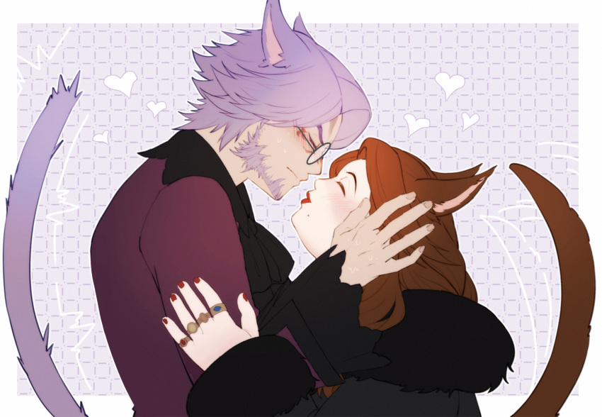 1boy 1girl animal_ears beard blush brown_hair cat_ears cat_tail chai-nuzz closed_eyes couple dulia-chai facial_hair final_fantasy final_fantasy_xiv glasses hand_on_another's_arm hand_on_another's_head highres husband_and_wife imminent_kiss jewelry long_hair lyra-kotto miqo'te profile purple_hair ring short_hair tail