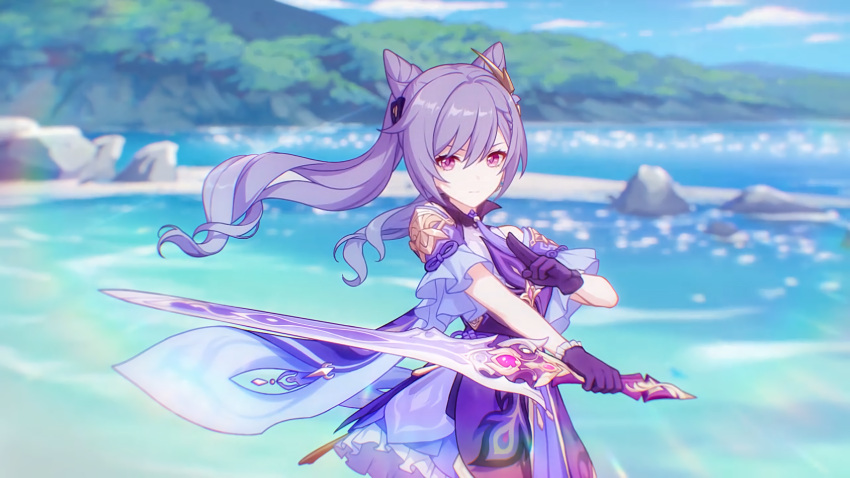 1065587906 1girl bangs beach blue_sky clouds cloudy_sky company_connection crossover double_bun dress genshin_impact gloves hair_between_eyes hair_ornament highres holding holding_sword holding_weapon honkai_(series) honkai_impact_3rd keqing_(genshin_impact) long_hair looking_at_viewer mihoyo_technology_(shanghai)_co._ltd. ocean outdoors purple_dress purple_gloves purple_hair sand sky solo sword tree twintails violet_eyes weapon