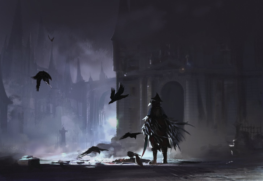 1girl armor bird bloodborne cape commentary crow dark eileen_the_crow full_armor hat holding holding_sword holding_weapon miso_katsu negative_space outdoors solo standing sword weapon