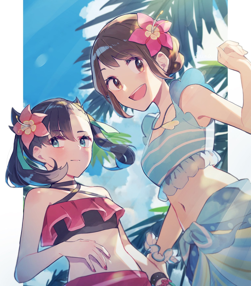2girls bikini black_hair blue_sky bracelet breasts brown_eyes brown_hair clouds commentary_request flower funagumo gloria_(pokemon) green_eyes green_ribbon hair_flower hair_ornament hair_ribbon hand_on_another's_arm highres jewelry marnie_(pokemon) medium_hair multiple_girls navel necklace palm_tree pink_flower pink_nails pokemon pokemon_(game) pokemon_masters_ex ribbon sarong scrunchie short_hair sky small_breasts swimsuit tree twintails two_side_up wrist_scrunchie