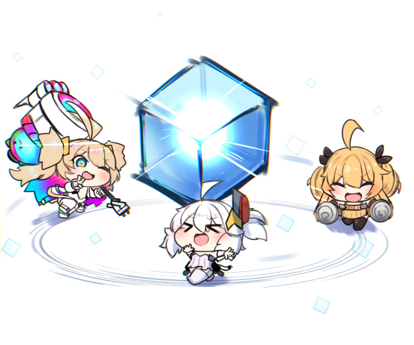 &gt;_&lt; 3girls ahoge akaoni_(zumt3548) antenna_hair azur_lane blonde_hair brown_hair chibi drill drill_hair hammer heart heart_in_eye long_hair mental_cube_(azur_lane) multicolored_hair multiple_girls open_mouth prototype_bulin_mkii_(azur_lane) rainbow_hair running short_hair smile specialized_bulin_mkiii_(azur_lane) symbol_in_eye twin_drills universal_bulin_(azur_lane) v white_hair