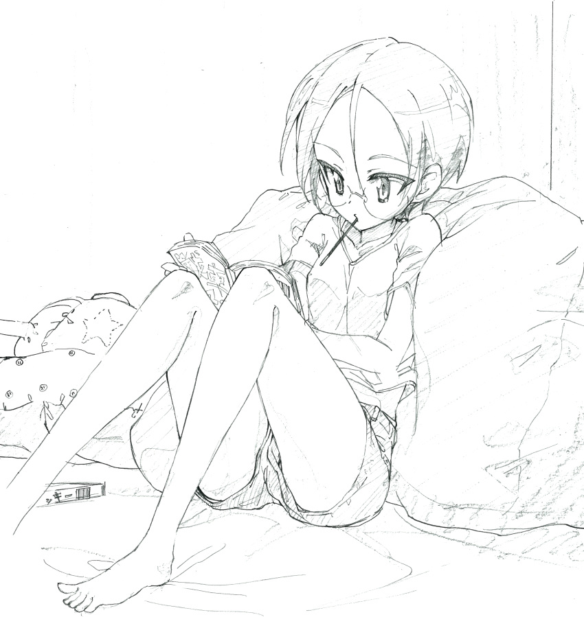 1girl absurdres barefoot book casual commentary_request food food_in_mouth girls_und_panzer glasses graphite_(medium) greyscale highres holding holding_book kumagapaniti midriff monochrome mouth_hold on_bed partial_commentary pillow pocky reading rimless_eyewear round_eyewear rumi_(girls_und_panzer) shirt short_hair short_shorts short_sleeves shorts sitting solo star_(symbol) t-shirt traditional_media