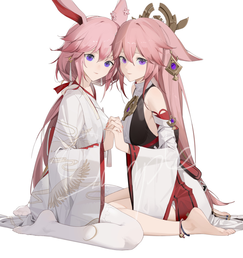 2girls absurdres bangs bare_shoulders barefoot closed_mouth company_connection crossover earrings flower genshin_impact hair_between_eyes hair_ornament hair_ribbon hands_together highres holding_hands honkai_(series) honkai_impact_3rd japanese_clothes jewelry kimono kuo_(kuo114514) long_hair long_sleeves looking_at_viewer mihoyo_technology_(shanghai)_co._ltd. multiple_girls pink_flower pink_hair ponytail ribbon seiza simple_background sitting smile soles thigh-highs toes violet_eyes white_background white_kimono white_legwear yae_miko yae_sakura yae_sakura_(gyakushinn_miko)