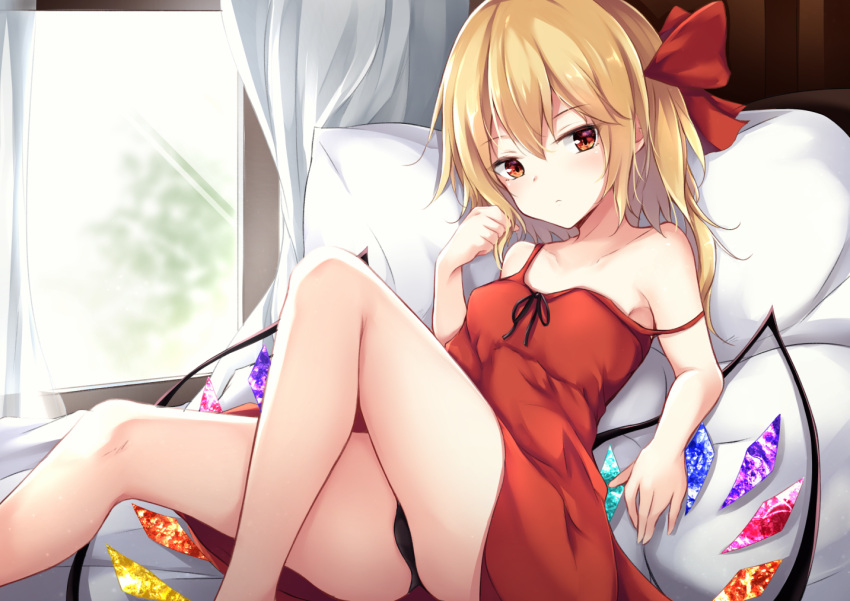 1girl bangs bare_arms bare_legs bare_shoulders black_panties blonde_hair bow breasts brown_eyes closed_mouth commentary_request crystal dress eyebrows_visible_through_hair feet_out_of_frame flandre_scarlet hair_between_eyes hair_bow hand_up indoors kashiwagi_yamine long_hair looking_at_viewer on_bed panties pillow red_bow red_dress sitting small_breasts solo strap_slip touhou underwear window wings