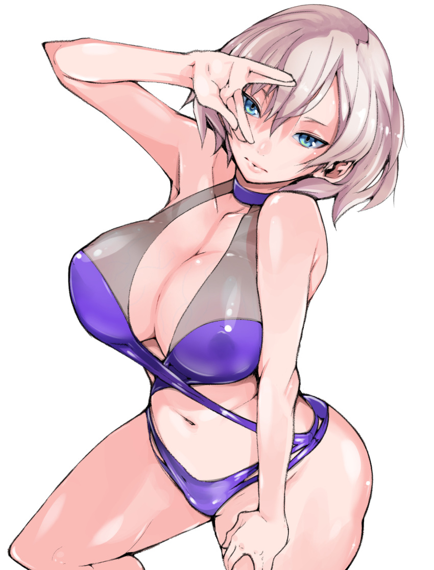 1girl absurdres blue_eyes breasts brown_hair covered_nipples gridman_universe hand_on_thigh highres instance_domination large_breasts looking_at_viewer medium_hair mujina one-piece_swimsuit purple_swimsuit see-through simple_background smile solo ssss.dynazenon swimsuit swimsuit_under_clothes takayama_toshinori veins veiny_breasts white_background