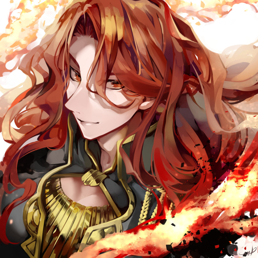 1boy alvis_(fire_emblem) fire fire_emblem fire_emblem:_genealogy_of_the_holy_war gold_trim highres kandori_makoto long_hair looking_at_viewer male_focus red_eyes redhead solo