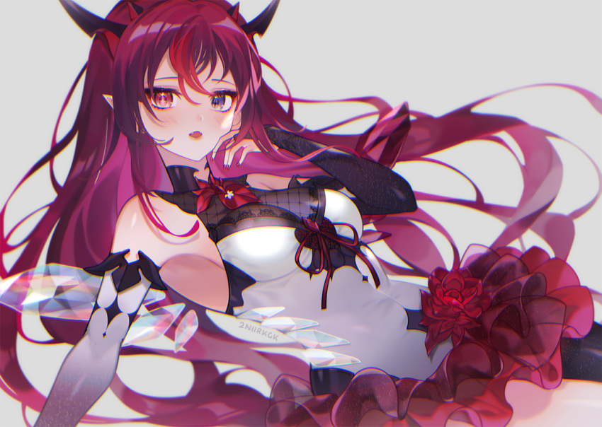 1girl 2nii armpits bangs bridal_gauntlets heterochromia hololive hololive_english horns irys_(hololive) long_hair looking_at_viewer open_clothes open_shirt pointy_ears purple_hair simple_background solo symbol_commentary violet_eyes virtual_youtuber white_background