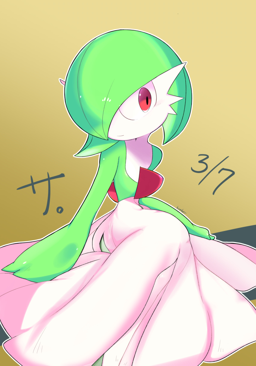 1girl artist_name bangs blush bob_cut brown_background closed_mouth colored_skin commentary_request dated flat_chest full_body gardevoir gen_3_pokemon gradient gradient_background green_hair green_skin hair_over_one_eye highres komhey legs_together light_blush looking_to_the_side multicolored multicolored_skin outline pokemon pokemon_(creature) red_eyes shiny shiny_hair short_hair signature simple_background sitting solo translated two-tone_skin white_outline white_skin yokozuwari